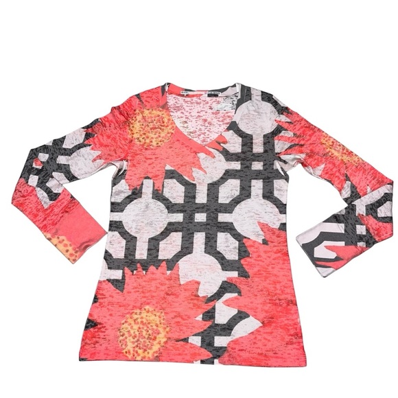 Sundance Before + Again Long Sleeve Printed V-Neck Top - Picture 1 of 5